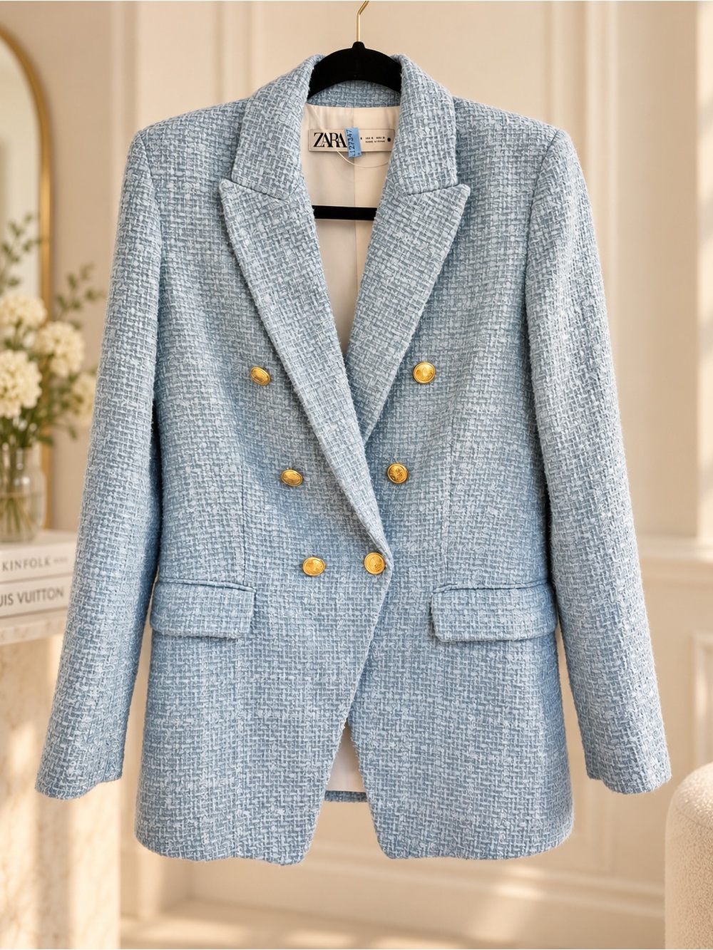 ZARA Baby Blue Tweed Double-Breasted Blazer with Gold Buttons